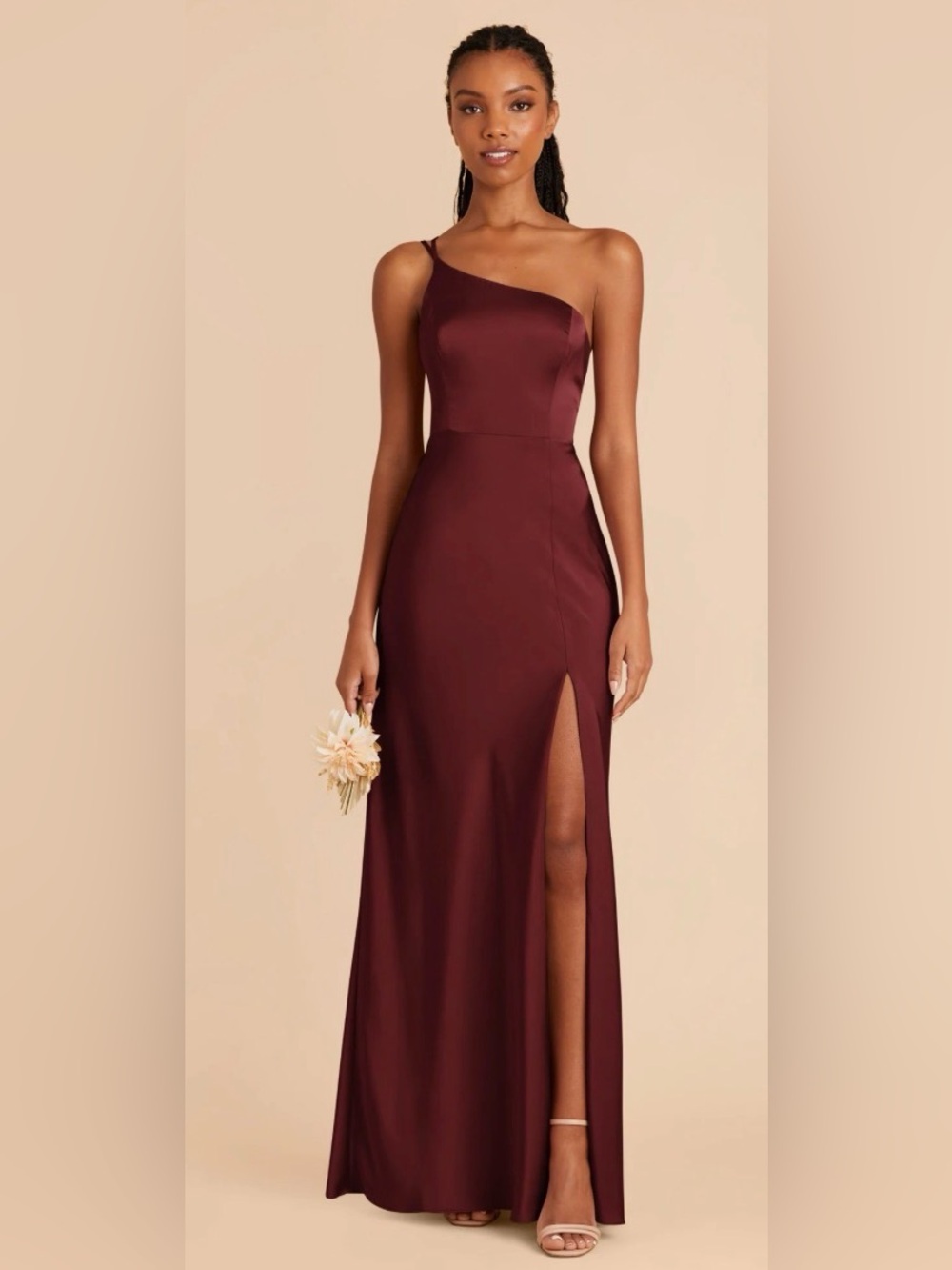 Birdy Grey Kensie One-Shoulder Dress with Thigh Slit in Matte Satin Cabernet